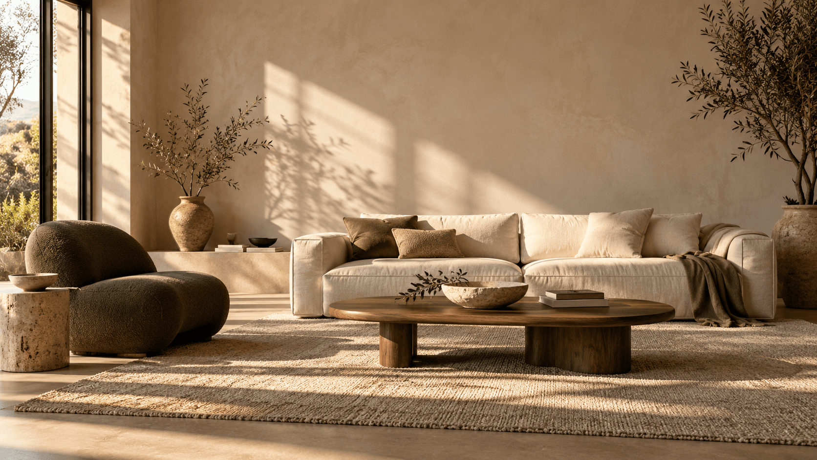 Illustrative calm living space in warm neutral tones